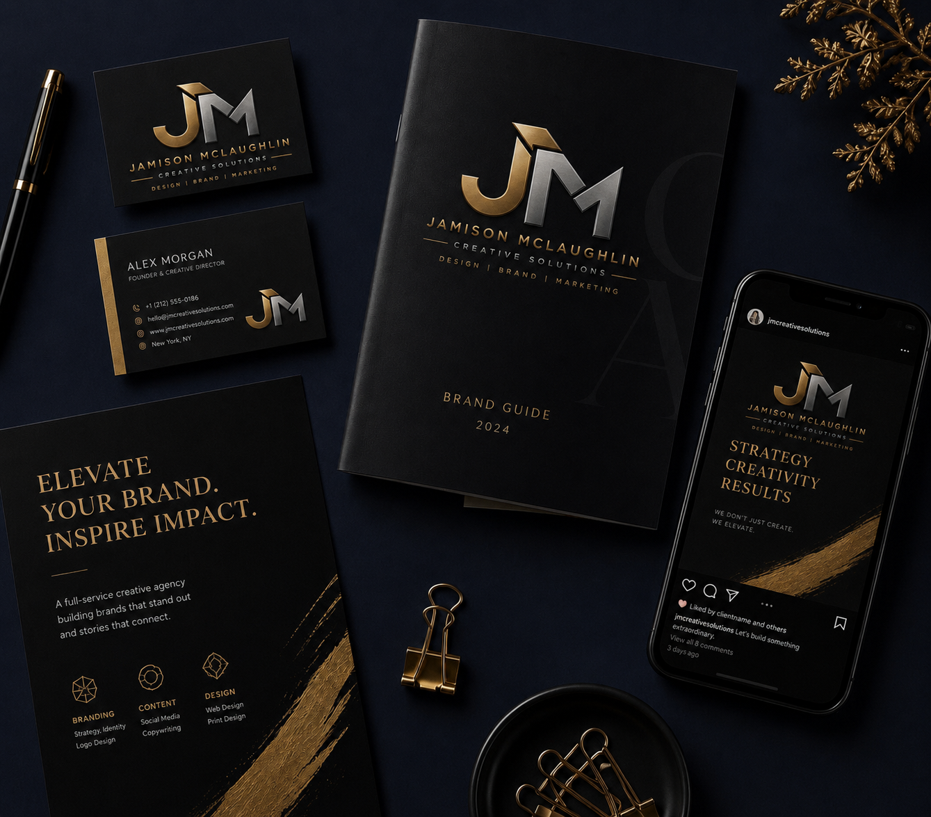 Jamison McLaughlin Creative Solutions branding mockups including business cards, brand guide, flyer, and social media graphic